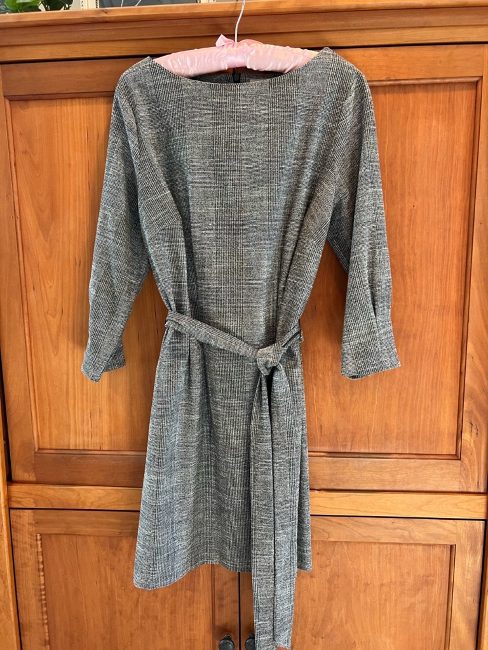 H&M Grey Textured Belted Knee-Length Dress